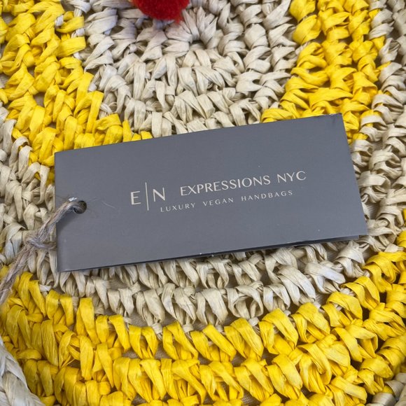 Expressions NYC - Round Straw Vegan Slouchy Tote - Yellow / Beige - Picture 6 of 9